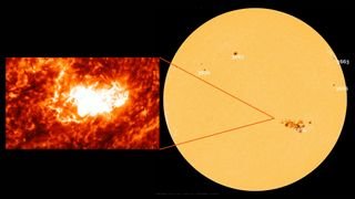 graphic showing a huge sunspot on the surface of the sun with an inset image on the left showing a solar flare.