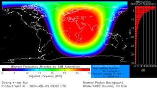 radio blackouts on the sunlit part of the Earth at the time of the eruption.  It shows large parts of Europe and Africa affected by radio blackouts.